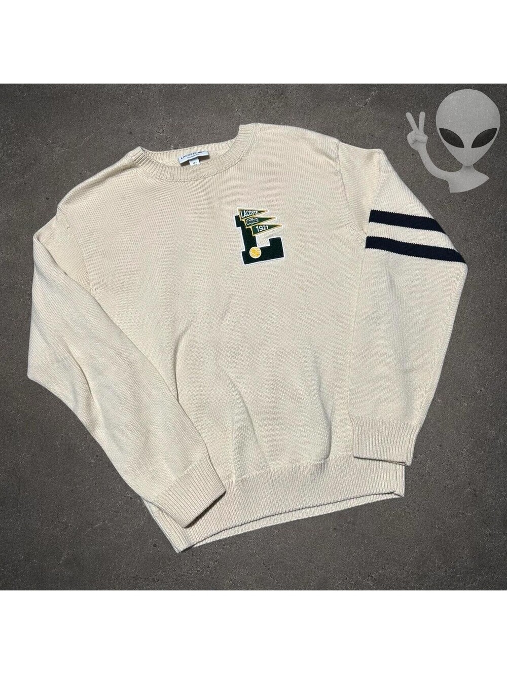 Lacoste Crewneck Sweater Mens S Cream Cotton Wool Varsity L Patch Preppy Stripes